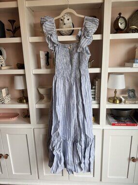 Mille Blue White Stripe Smocked Maxi Dress Ruffle Tie L